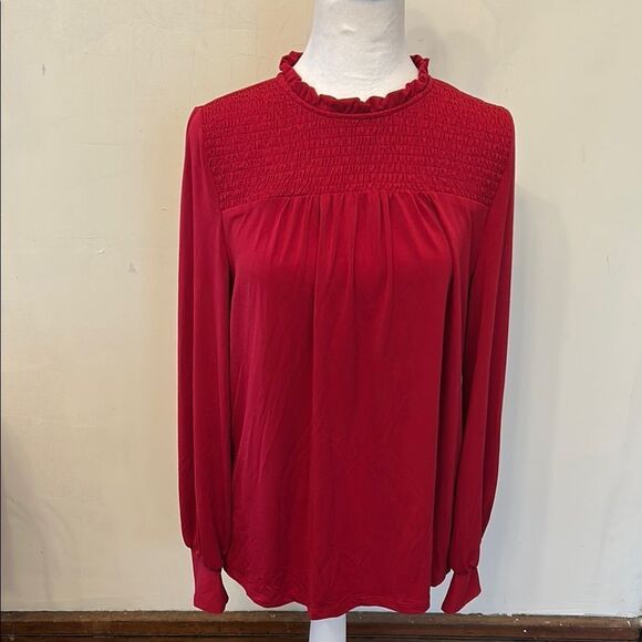 Adrianna Papell Red Smocked Ruffled long sleeve Blouse Size M EUC - Picture 1 of 8